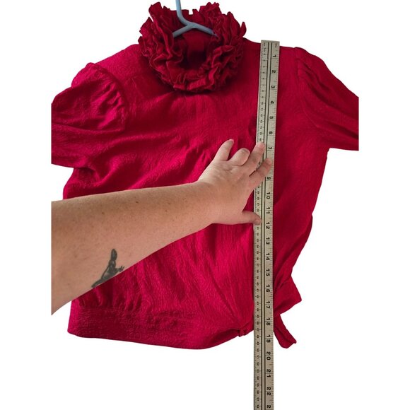 Vintage Levantè Red Silk Exaggerated Ruffle Blouse With Button Back & Tie Waist - Picture 4 of 7